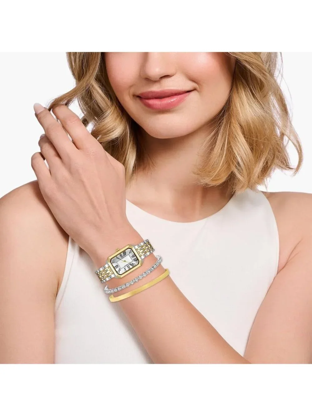 Women's Gold Silver Jewelry Stainless Steel Diamond Bangle Bracelets Set Watch